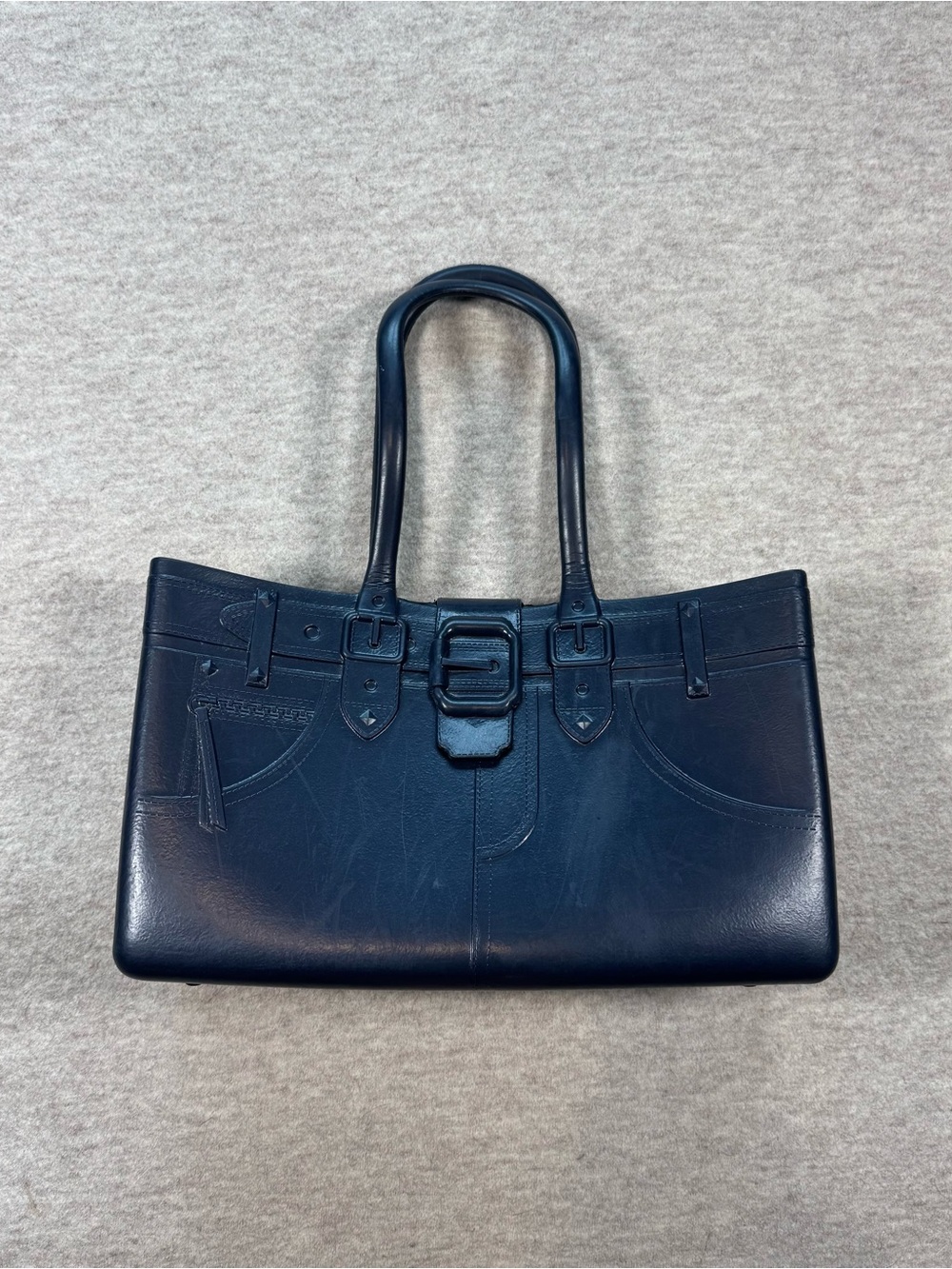 Navy Leather Shoulder Tote with Buckle Accent